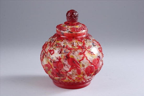 Appraisal: CHINESE RED OVERLAY GLASS VASE AND COVER Qianlong mark Floral