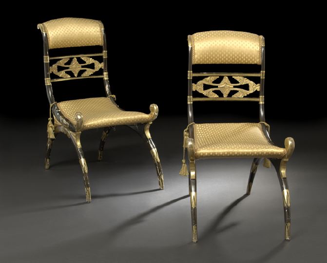 Appraisal: Pair of Empire Ebonized and Gilt Sidechairs early th century