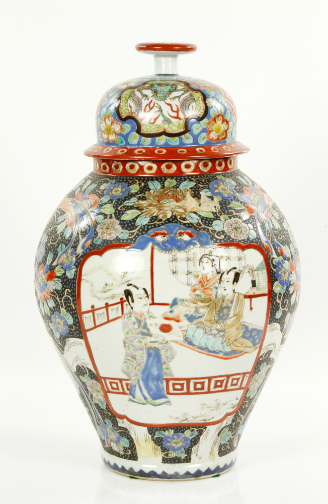 Appraisal: - Japanese Covered Jar Japanese covered jar with geisha scenes