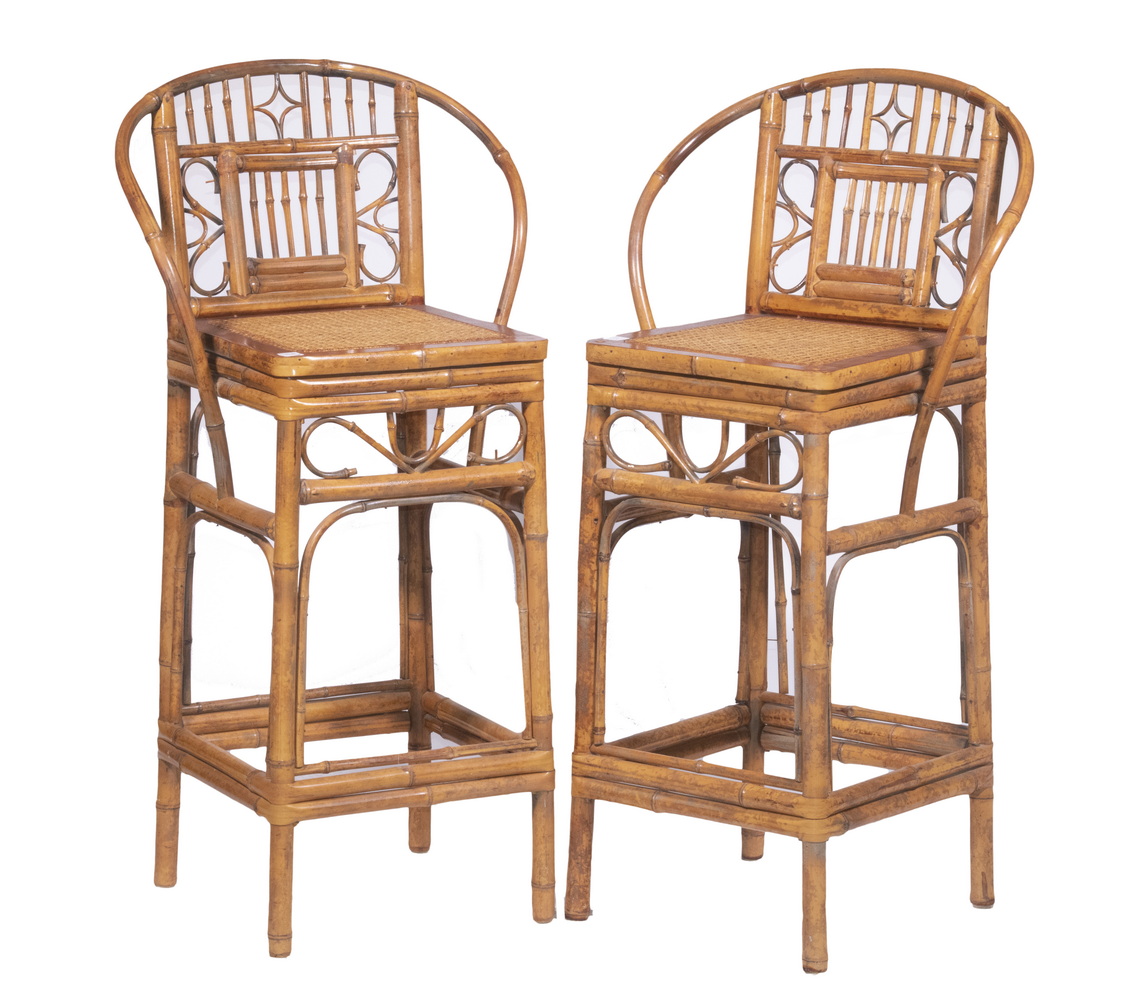 Appraisal: PAIR OF CANE AND BAMBOO BAR STOOLS WITH BACKS Chinese