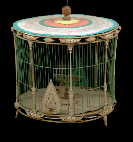 Appraisal: Indian Carved Wood-Mounted Wire Birdcage of drum form in the