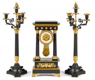 Appraisal: French ormolu and bronze portico clock garniture early th c