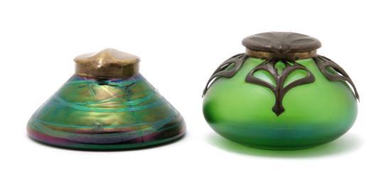 Appraisal: Group of Two Iridescent Glass Inkwells in the Manner of