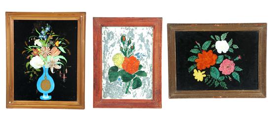 Appraisal: THREE TINSEL PICTURES American late th century Two floral bouquets