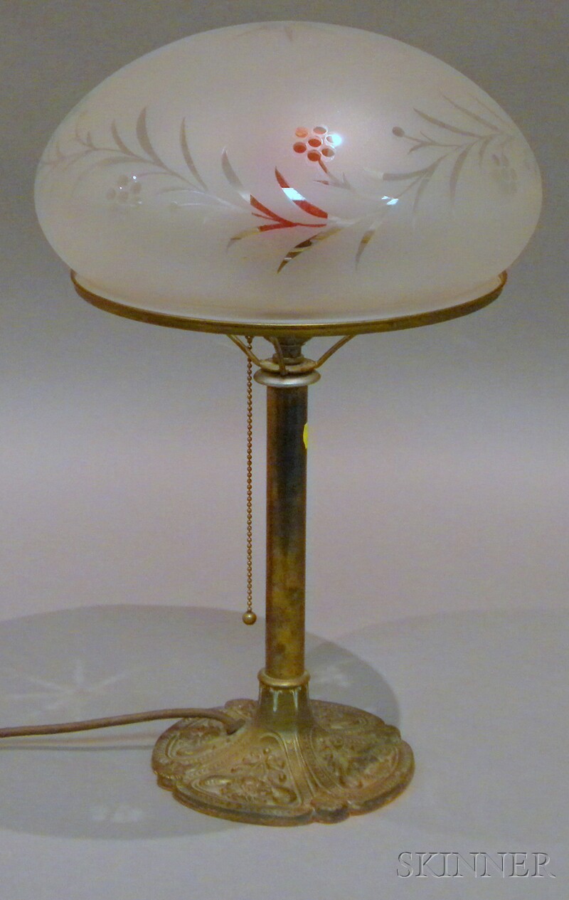 Appraisal: Brass and Frosted Glass Table Lamp America early th century