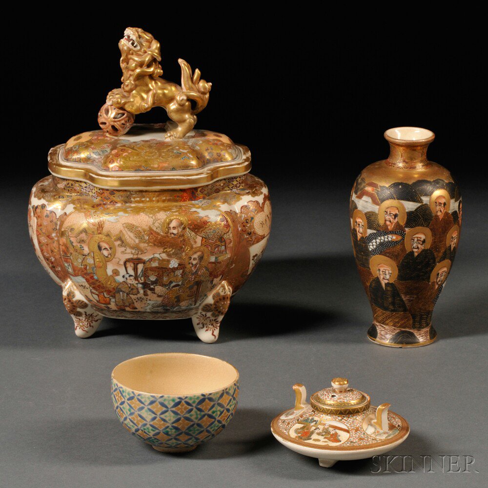 Appraisal: Four Satsuma Items Japan a quatrefoil covered jar decorated with