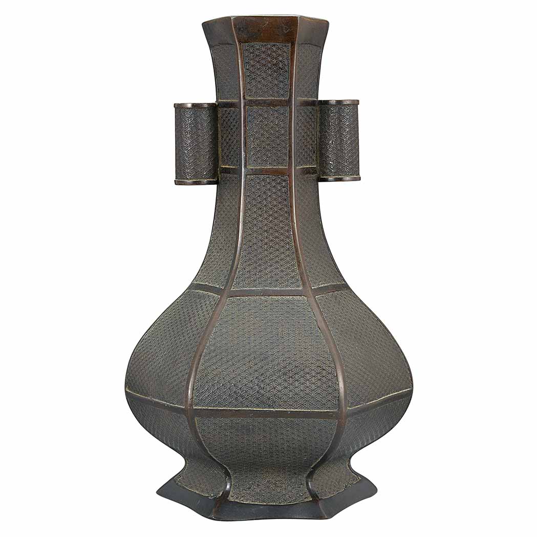 Appraisal: Chinese Bronze Arrow Vase th Century Of hexagonal section raised