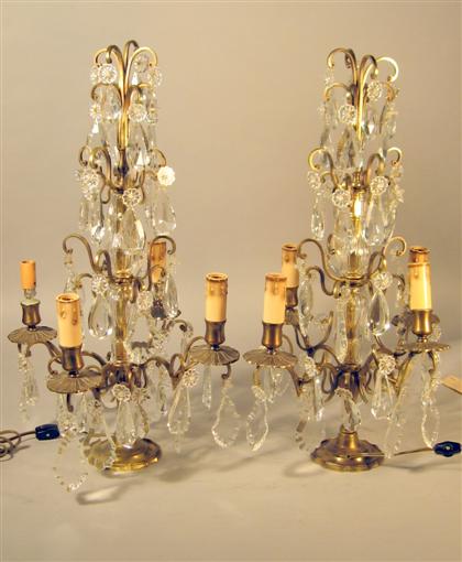 Appraisal: Pair of French brass and crystal drop girandolesearly th century