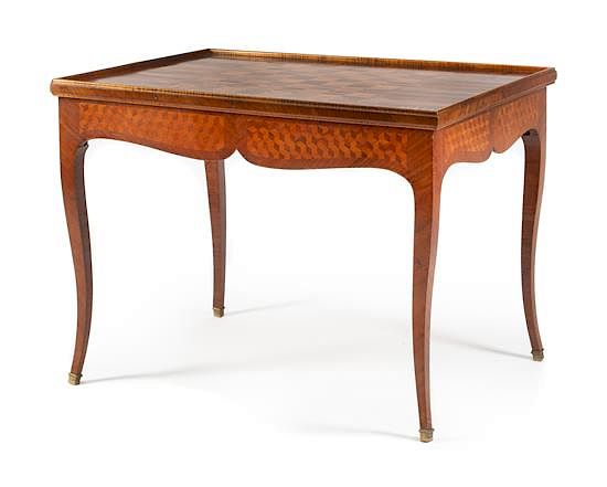 Appraisal: A Louis XV Style Parquetry Lift-Top Game Table Height x