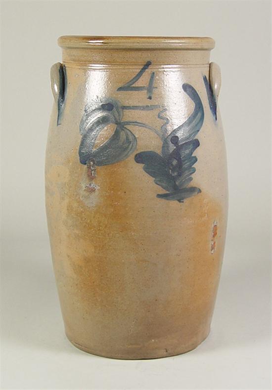 Appraisal: Stoneware Churn Mid to late th Century Freehand with tulip