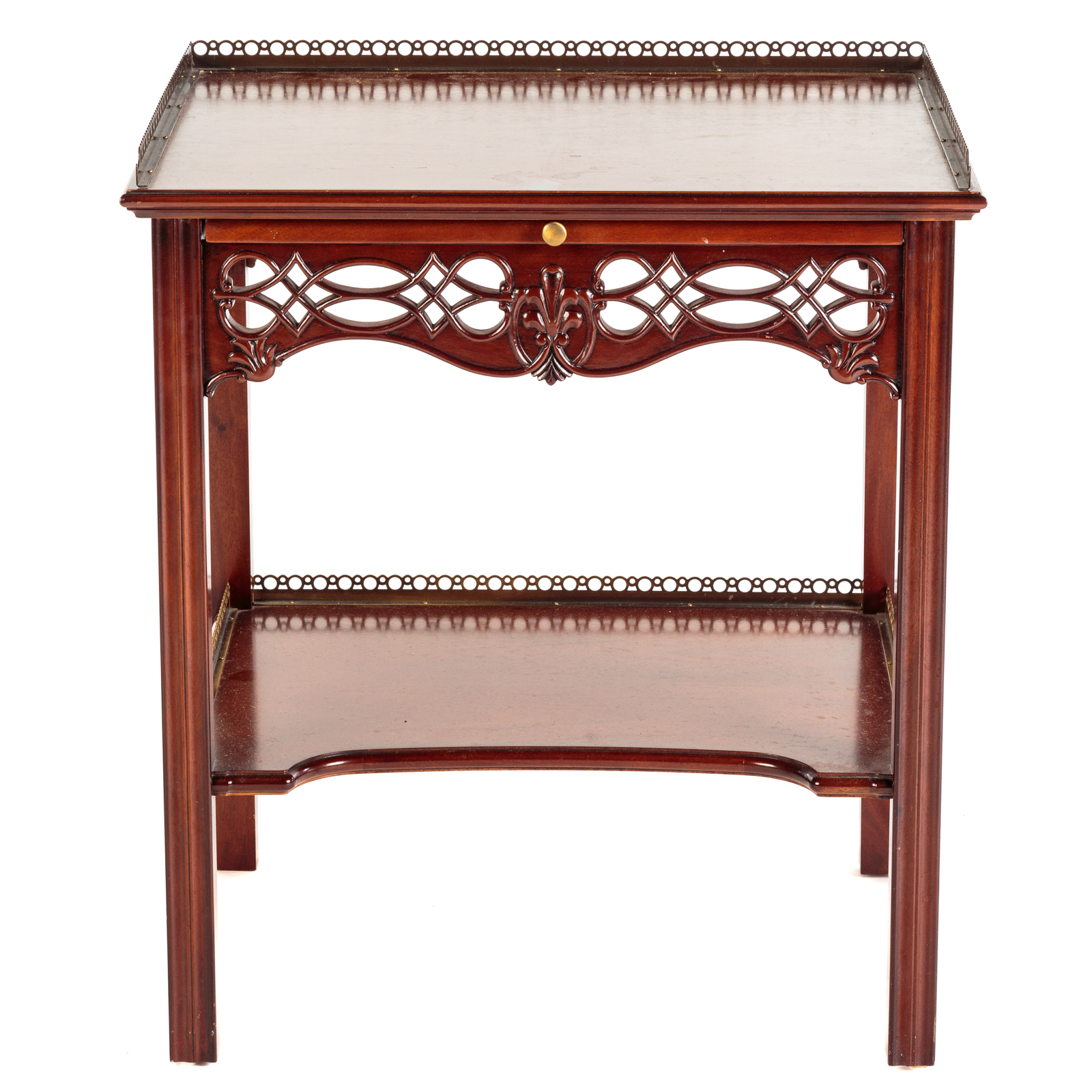 Appraisal: CHIPPENDALE STYLE MAHOGANY SIDE TABLE With pierced brass gallery on