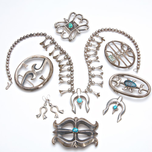 Appraisal: NAVAJO Nine pieces of sandcast silver many with turquoise Raymond