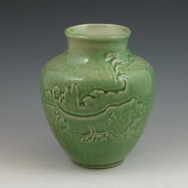 Appraisal: Red Wing vase in gloss green with lions Marked with