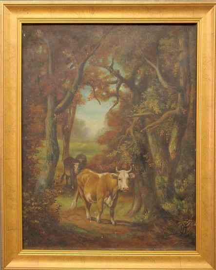 Appraisal: Oil on canvas landscape painting of cows in the woods