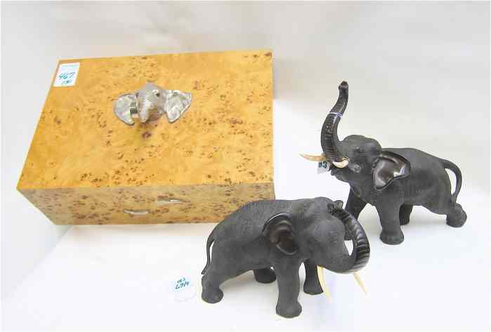 Appraisal: TWO BRONZE-TONED ELEPHANT PLUS A MAHOGANY COVERED BOX the former