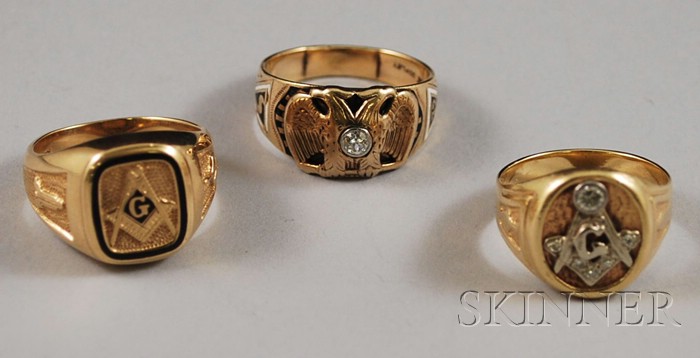 Appraisal: Three Gold Gentleman's Masonic Rings two kt gold and diamond