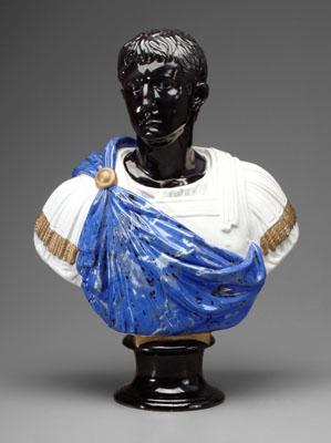 Appraisal: Terracotta bust Julius Caesar wearing a blue paludamentum cloak glazed