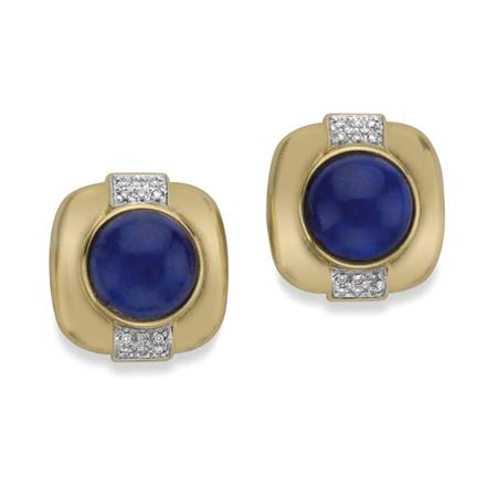 Appraisal: Pair of Gold Lapis and Diamond Earclips Estimate nbsp nbsp