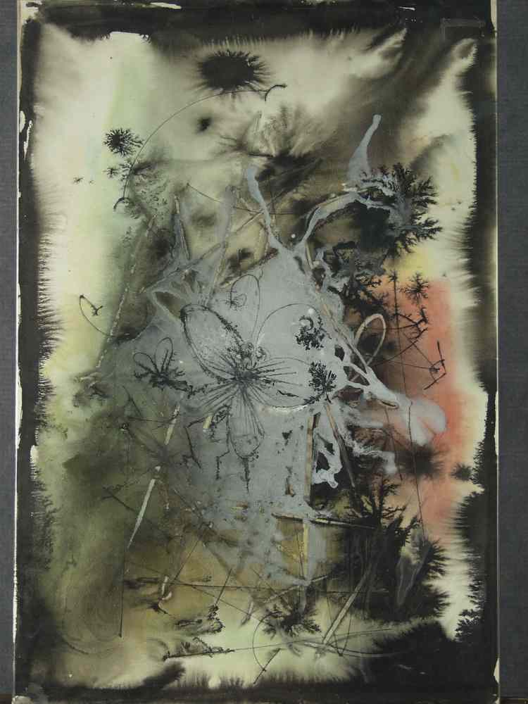 Appraisal: WATERCOLOR - Abstract unsigned black liquid forms with butterfly shape