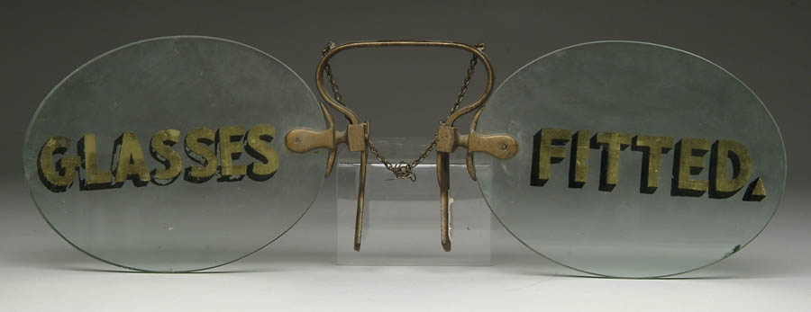 Appraisal: OPTOMETRIST FIGURAL EYEGLASSES TRADE SIGN Great trade sign with gilt