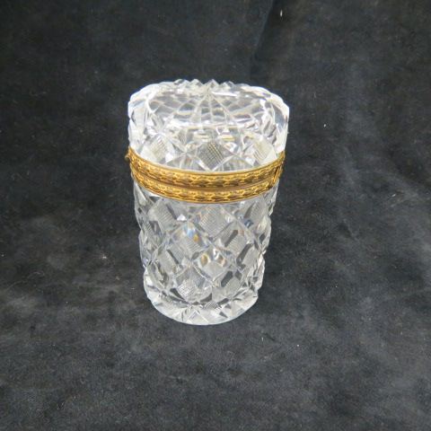 Appraisal: Cut Glass Dresser Box cylindrical diamond design tall diameter excellent