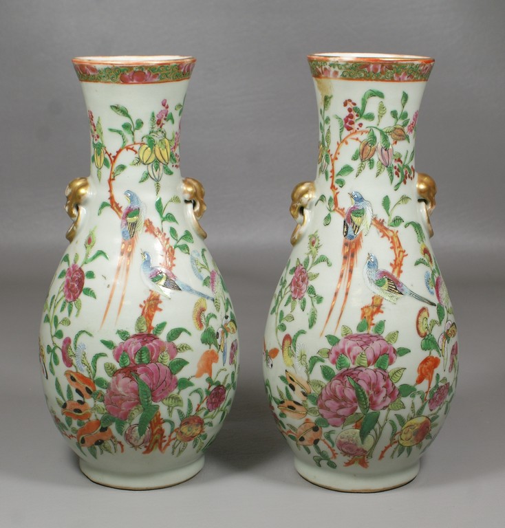 Appraisal: Pr Famille Rose celadon ground vases enameled bird floral and