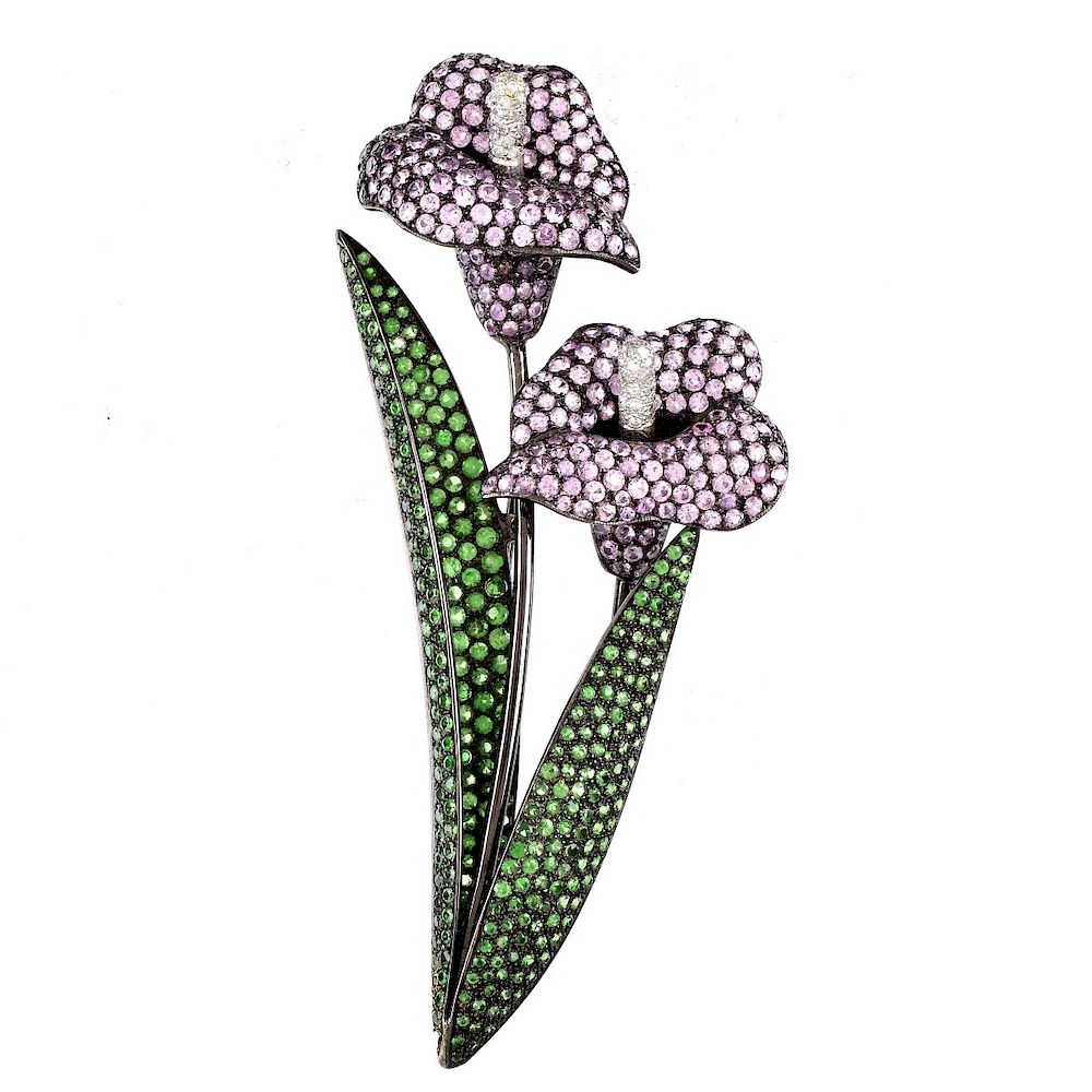 Appraisal: Pink Sapphire Garnet Diamond and K Flower Pin Carat Pave