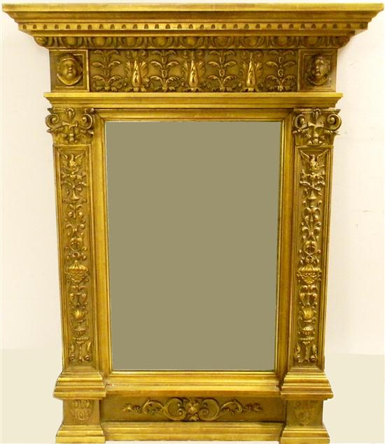 Appraisal: Gilt wall mirror with Classical motifs projecting cornice over acanthus