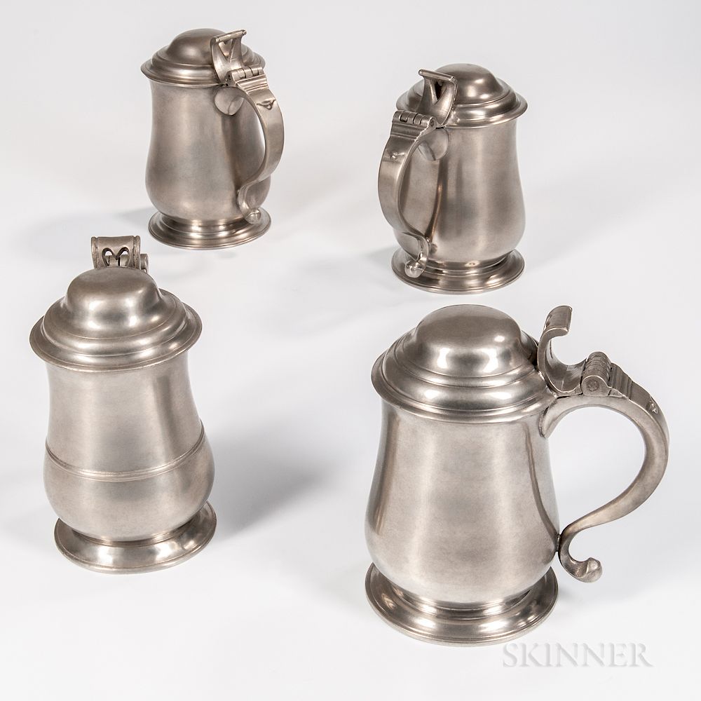 Appraisal: Four Early Pewter Tankards Four Early Pewter Tankards probably England