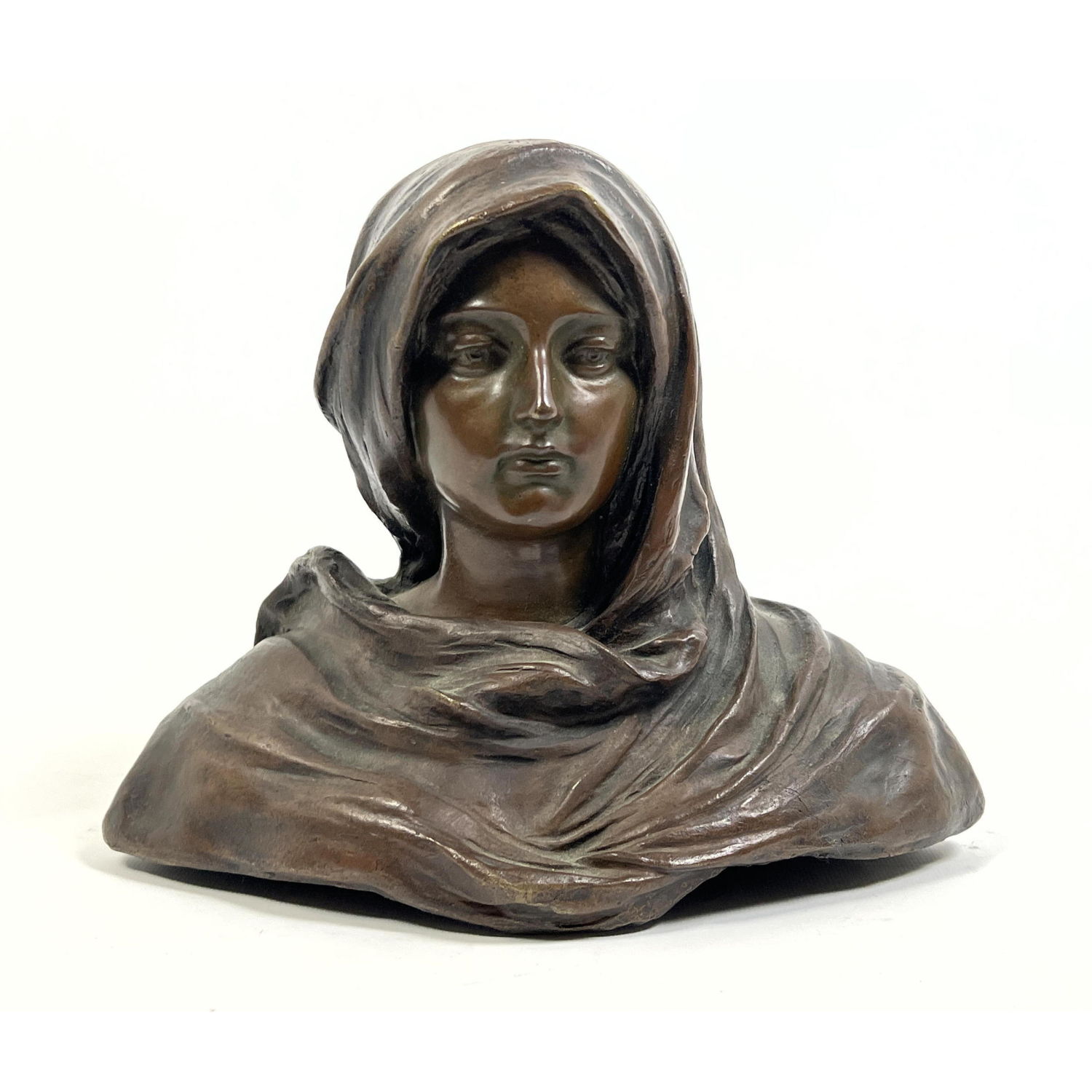 Appraisal: Bronze Portrait Bust Sculpture Woman with head shawl Marked Dimensions