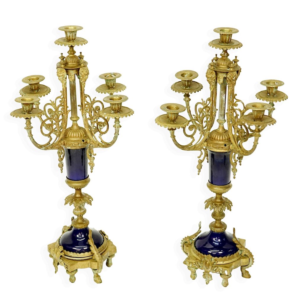 Appraisal: Pair Bronze Cobalt Glass Candelabra Pair th C French Bronze