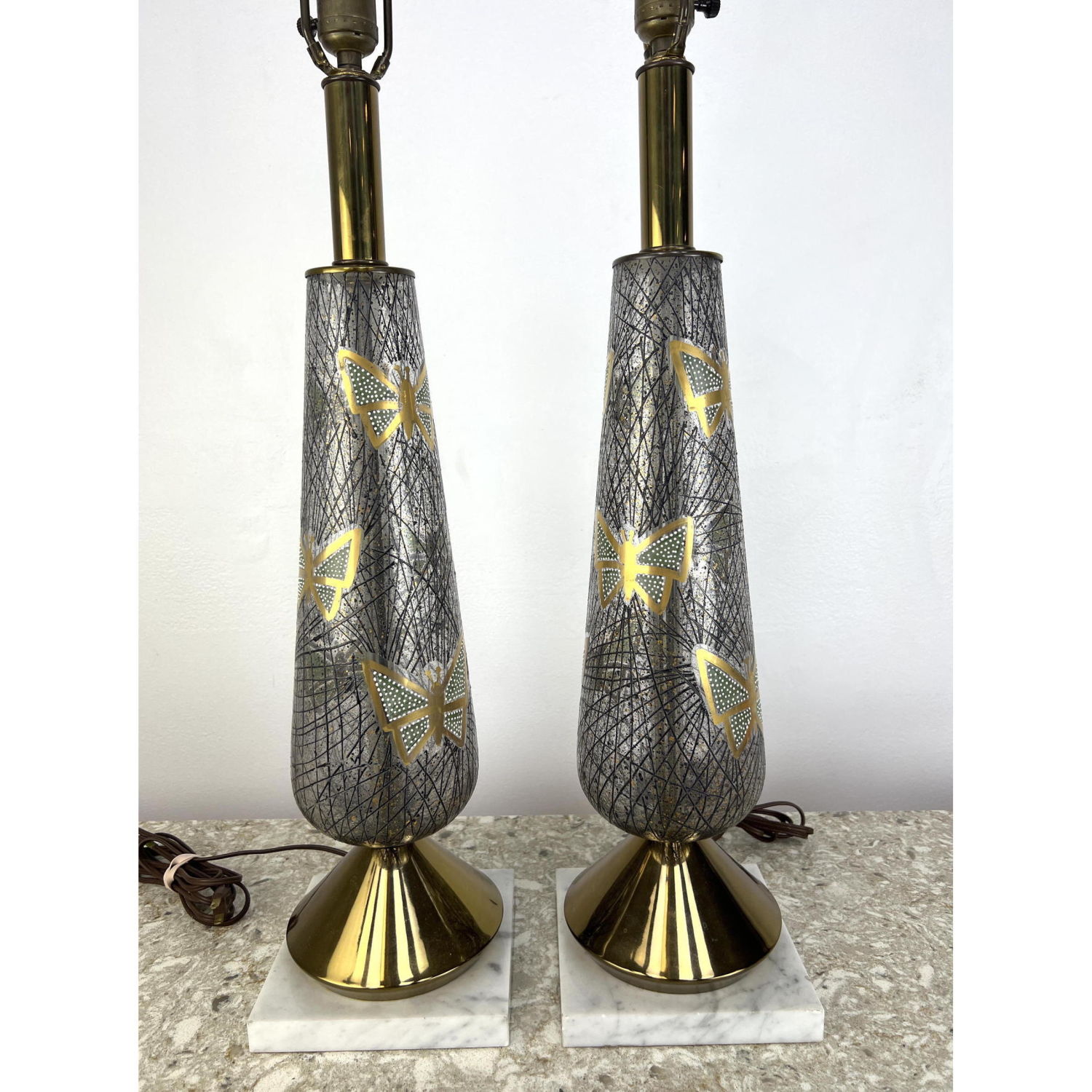 Appraisal: Pair Mid Century Modern Glass Lamps decorated with Butterflies Dimensions