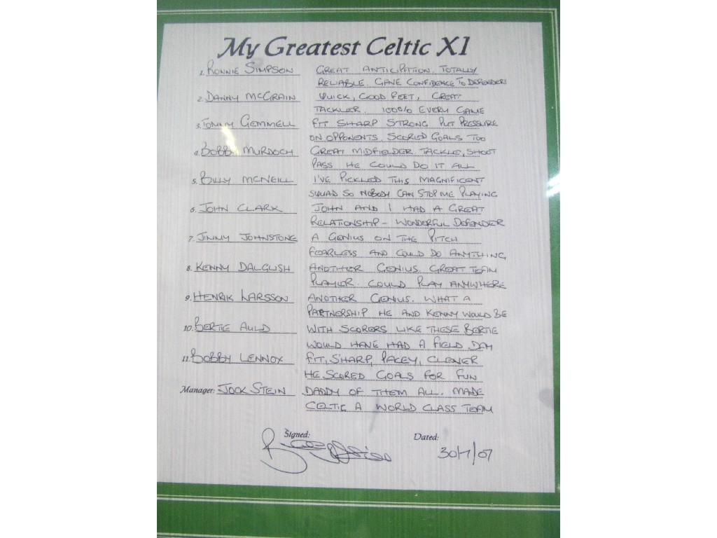 Appraisal: Framed display 'My Greatest Celtic XI' signed by Billy McNeil