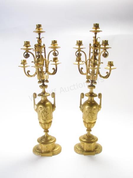 Appraisal: Pair of French Dore Bronze Seven Light Candelabra large ornate