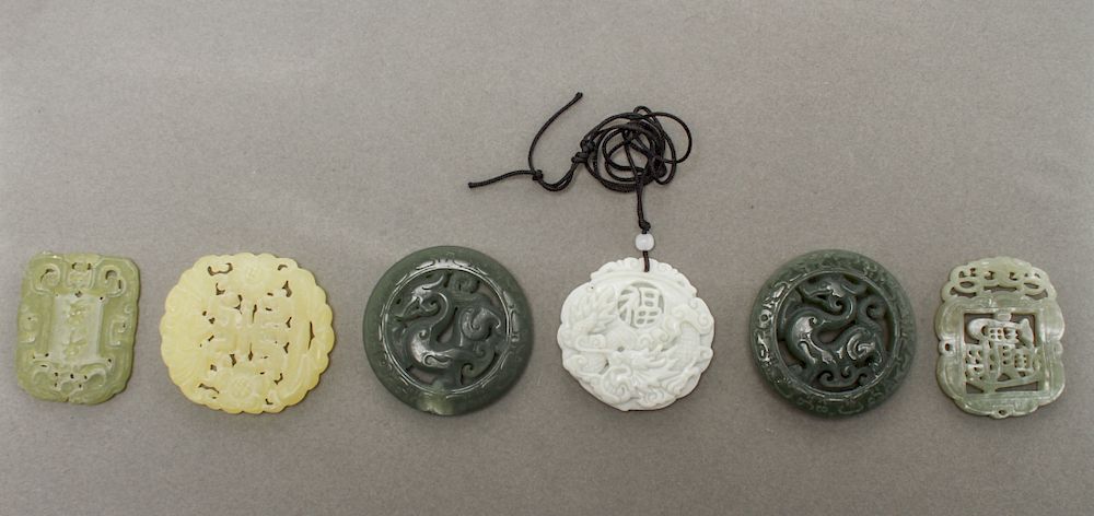 Appraisal: Chinese Carved Jade Openwork Pendants Pcs Six Chinese carved jade