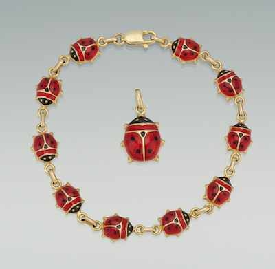 Appraisal: A Ladybug Gold and Enamel Bracelet and Pendant k yellow