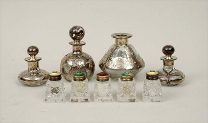 Appraisal: Four Assorted Silver-Overlay Glass Scent Bottles Together with five cut