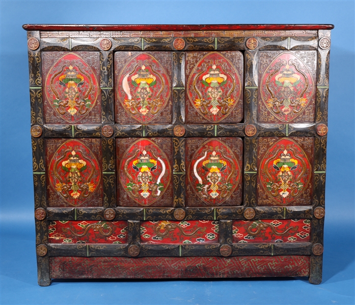 Appraisal: Antique Chinese or Mongolian carved and painted wood cabinet with