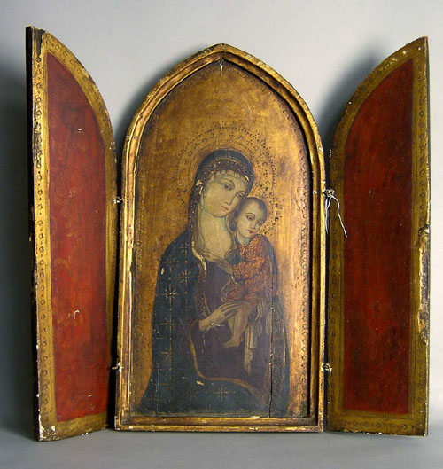 Appraisal: Painted triptych ca depicting the Madonna and child x open