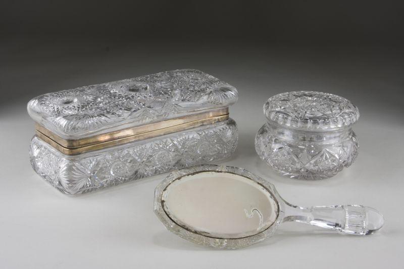 Appraisal: Cut Glass Vanity Box Powder Jar and Hand Mirror the