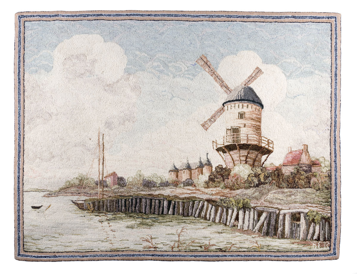 Appraisal: AMERICAN HOOKED RUG quot THE DUTCH WINDMILL quot Finely executed