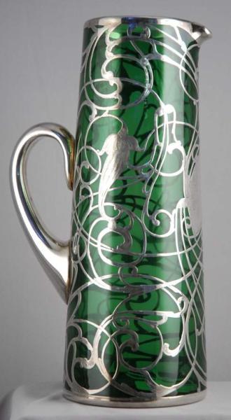 Appraisal: Silver Overlay Green Glass Pitcher Description - crack near the