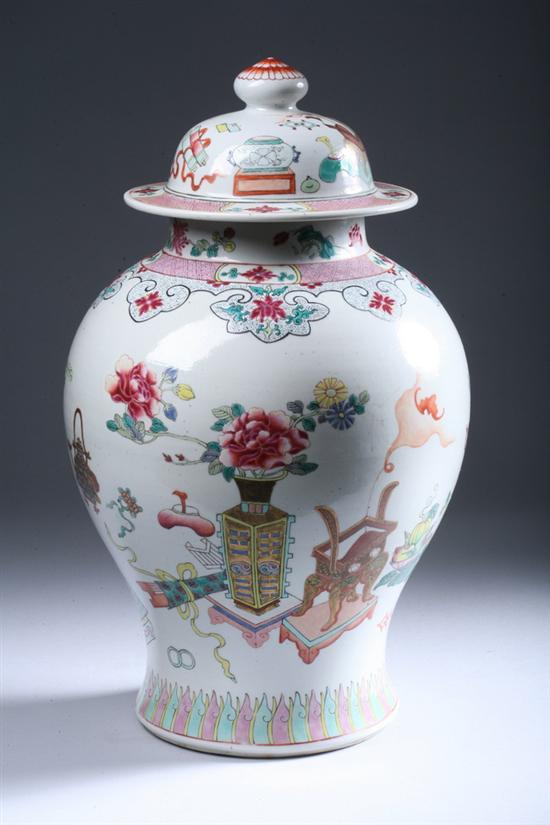 Appraisal: CHINESE FAMILLE ROSE PORCELAIN JAR AND COVER th century Flower-filled