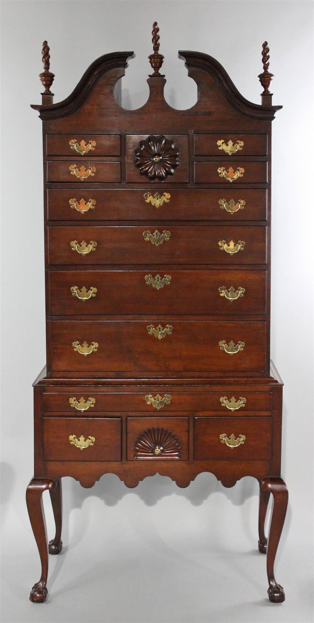 Appraisal: NEW ENGLAND CHIPPENDALE STYLE CHERRYWOOD BONNET TOP HIGHBOY in two