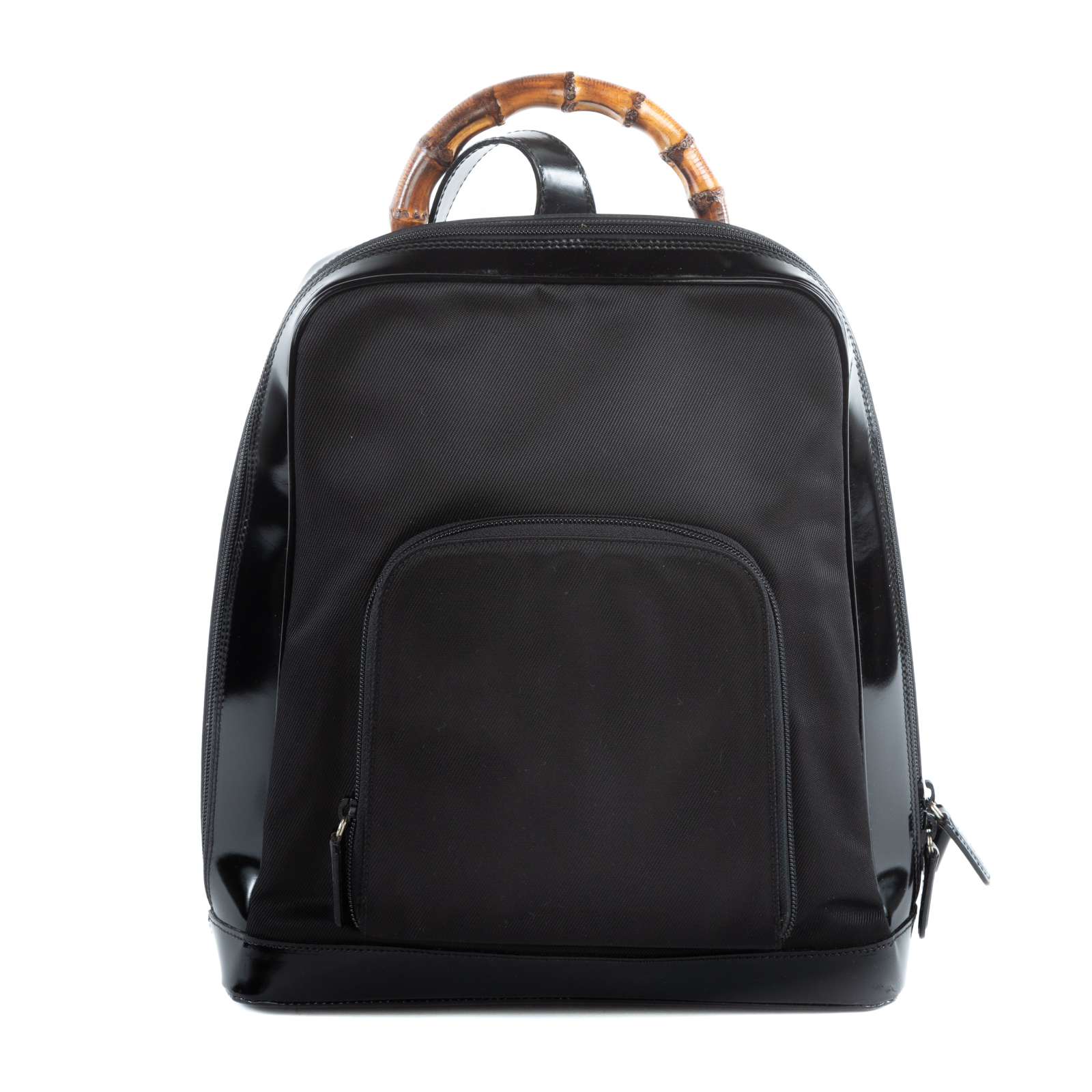 Appraisal: A GUCCI ONE SHOULDER BAMBOO BACKPACK A black patent leather