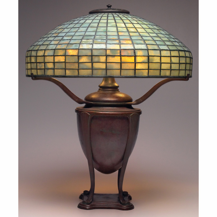 Appraisal: Good Tiffany Studios lamp leaded glass geometric shade with beautifully