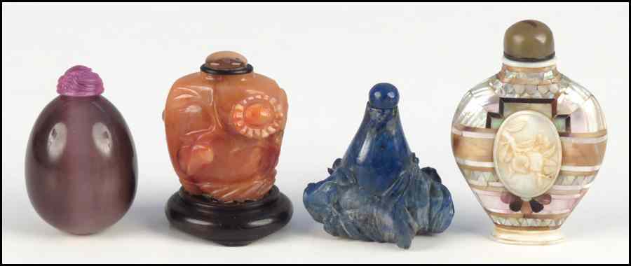 Appraisal: CARVED LAPIS SNUFF BOTTLE Together with a mother-of-pearl snuff bottle