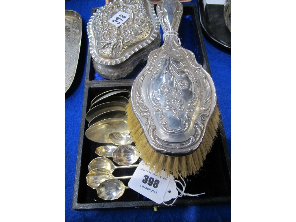 Appraisal: Lot comprising hair brush silver topped dish and two spoon