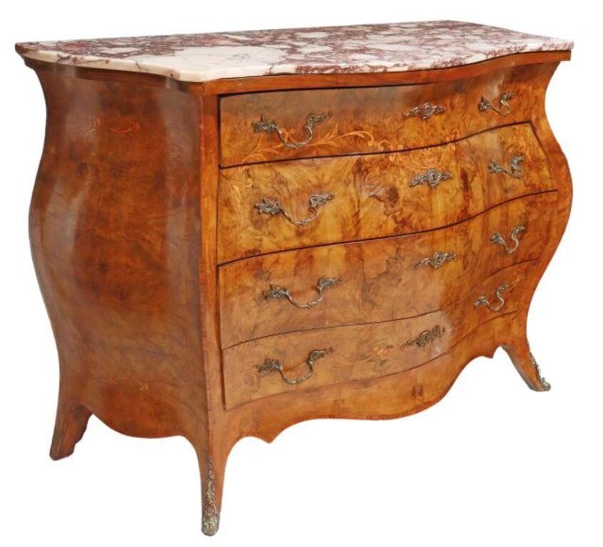 Appraisal: Italian Louis XV style marble-top bombe commode th c walnut