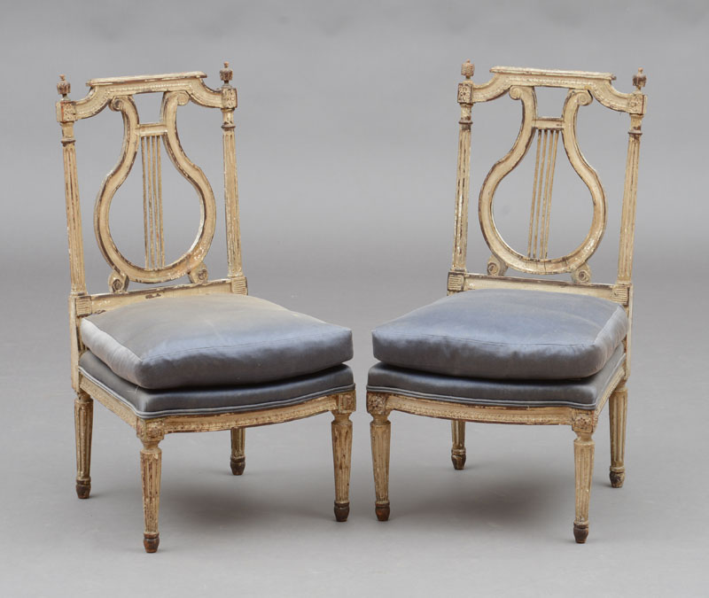 Appraisal: PAIR OF DIRECTOIRE PAINTED CHAISES LA REINE Each with a